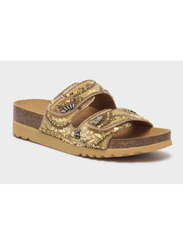 SCHOLL SANDALI LISBOA 2 STRAPPI - BEIGE/NERO CON PERLINE