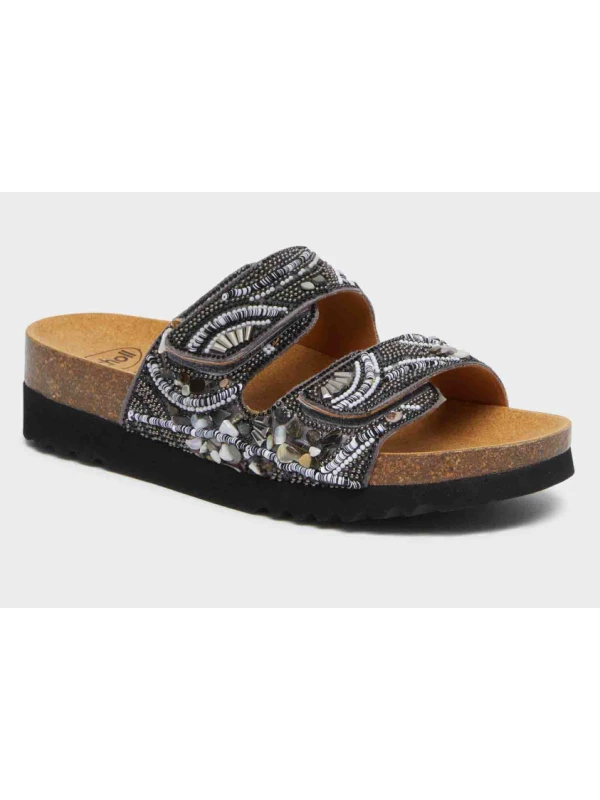 SCHOLL SANDALI LISBOA 2 STRAPPI - BEIGE/NERO CON PERLINE