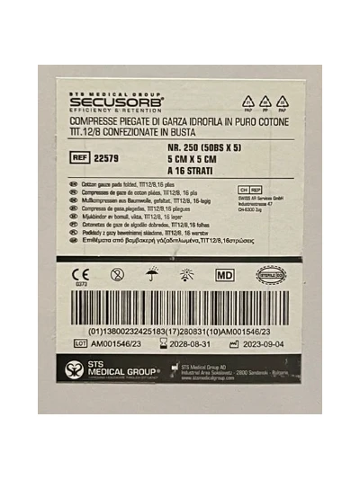 COMPRESSE DI GARZA IN COTONE STERILI 5X5 - 250PZ.