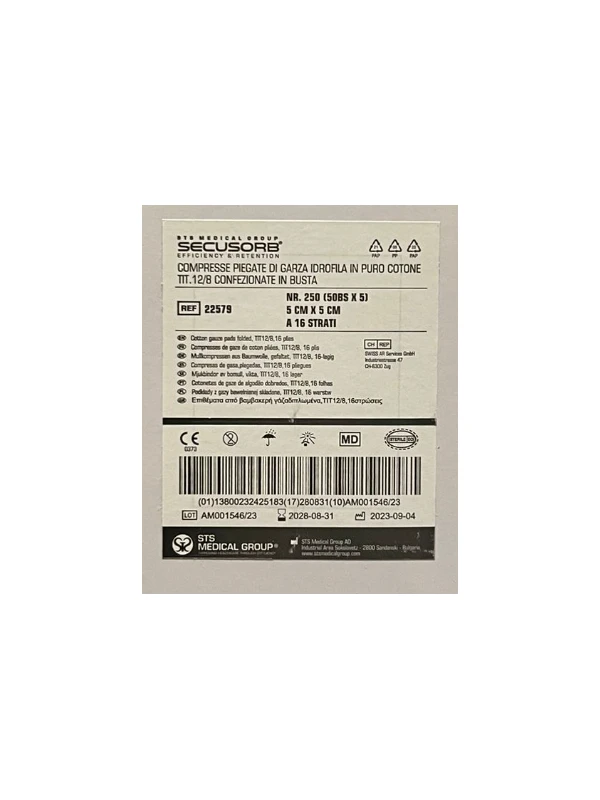 COMPRESSE DI GARZA IN COTONE STERILI 5X5 - 250PZ.