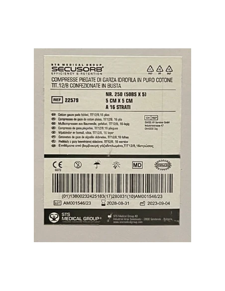 COMPRESSE DI GARZA IN COTONE STERILI 5X5 - 250PZ.