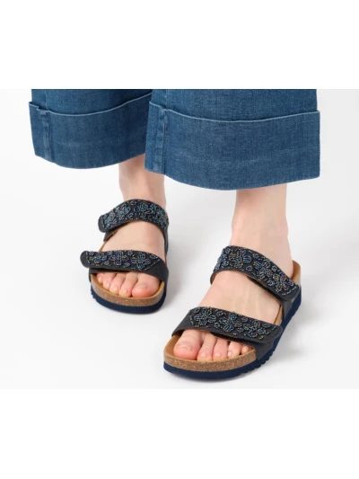 SCHOLL - SANDALI ZAFIRAH IN TESSUTO BLU CON PERLINE